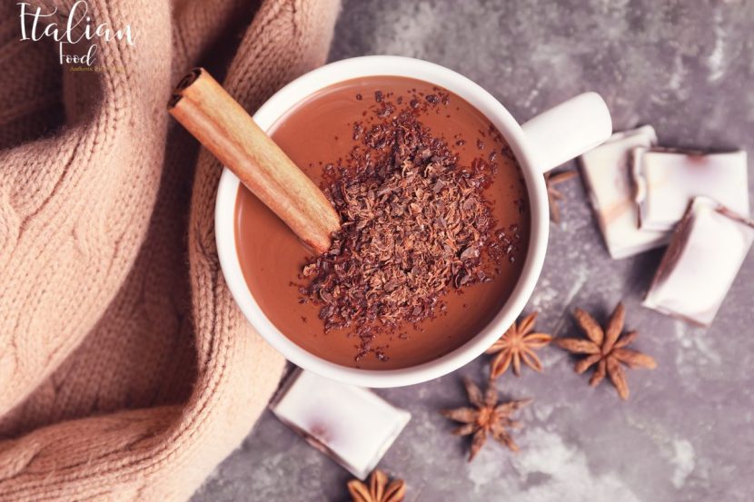 Cup of authentic Italian hot chocolate topped with whipped cream.