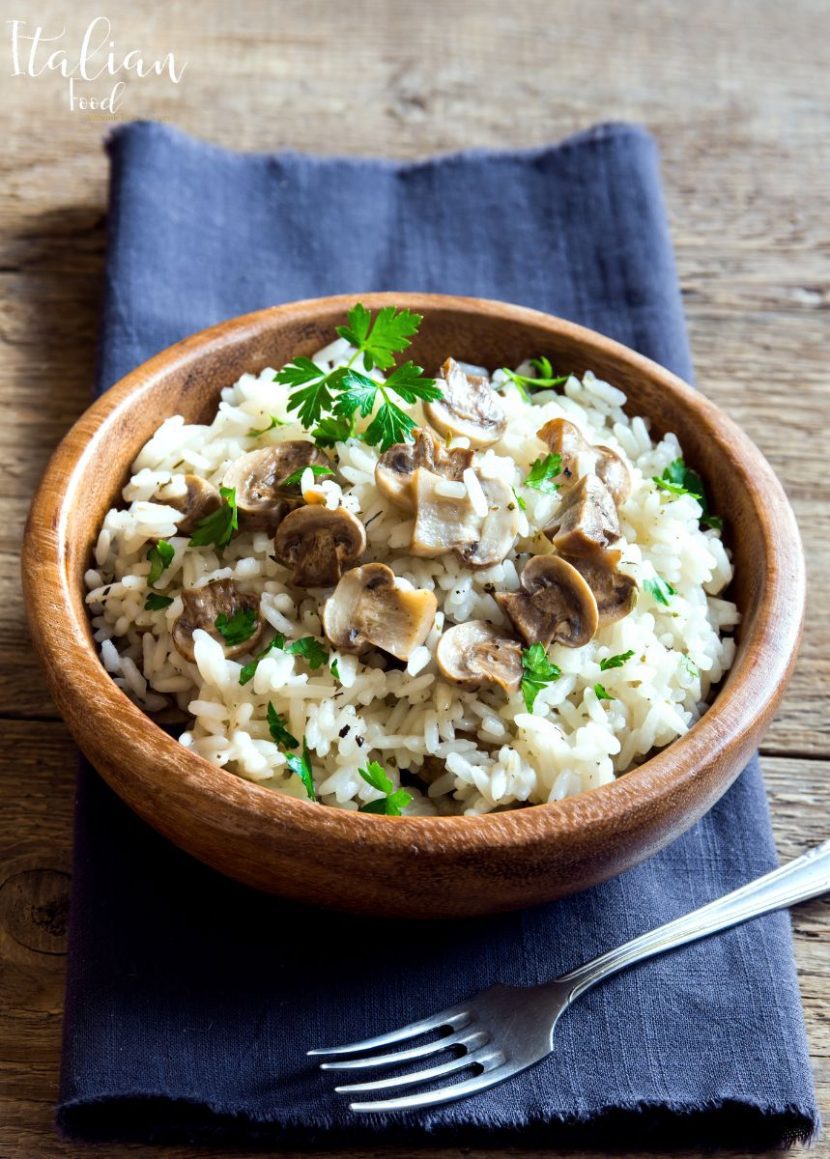 A bowl of creamy Instant Pot Mushroom Risotto garnished