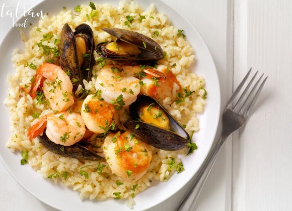 Plate of Seafood Risotto with shrimp and mussels