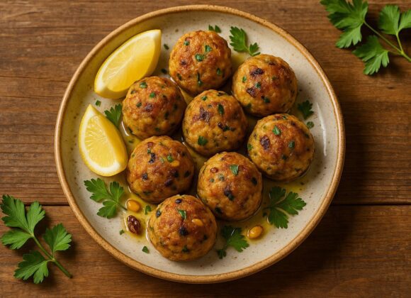 Golden Ligurian fish balls with pine nuts and raisins served with lemon and parsley.
