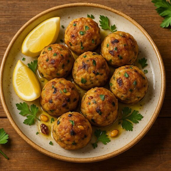 Golden Ligurian fish balls with pine nuts and raisins served with lemon and parsley.