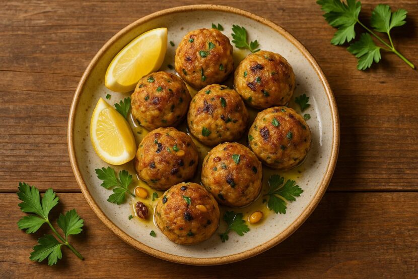 Golden Ligurian fish balls with pine nuts and raisins served with lemon and parsley.