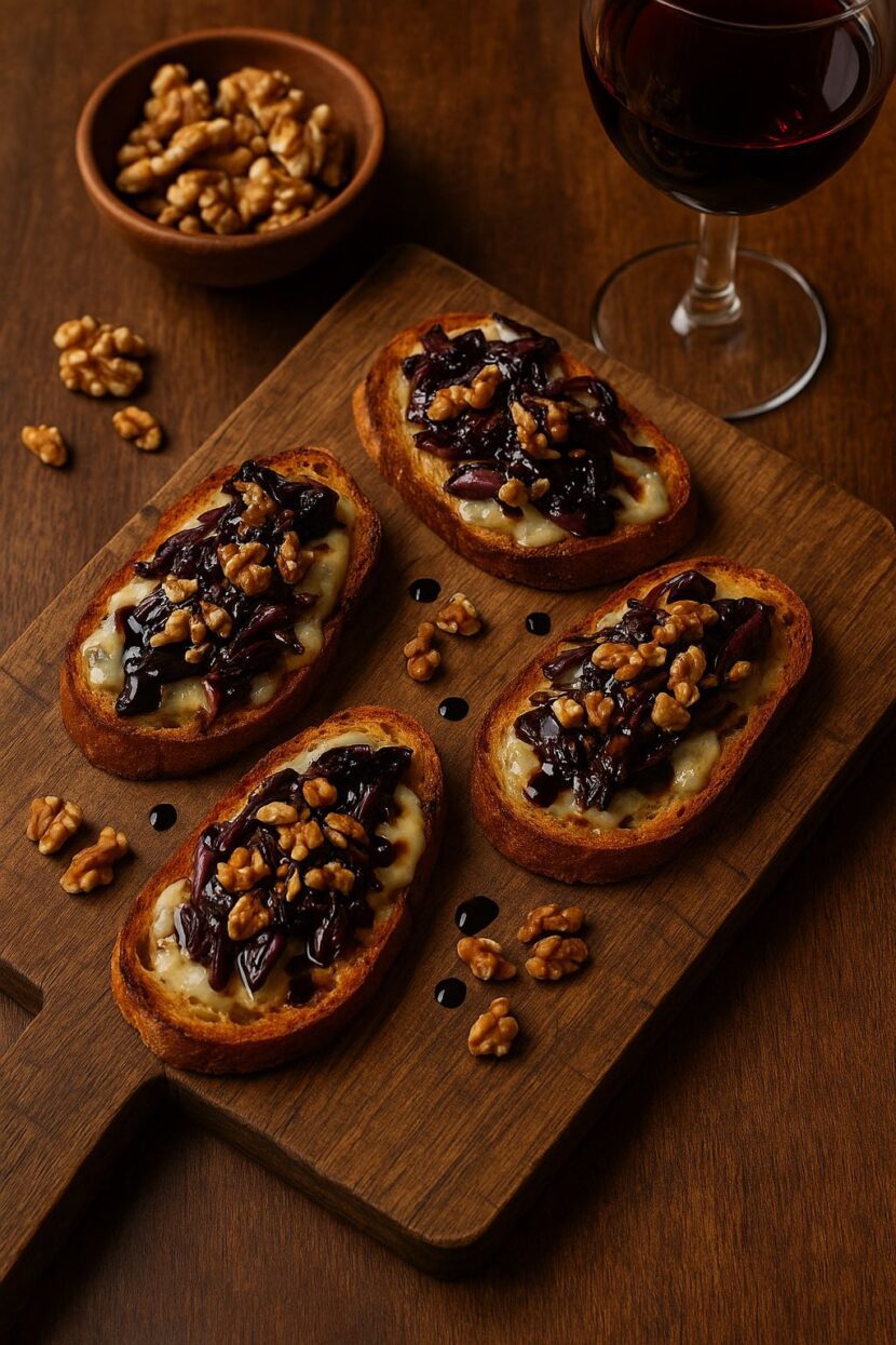 Rustic crostini topped with Gorgonzola, sautéed radicchio, walnuts, and balsamic glaze.