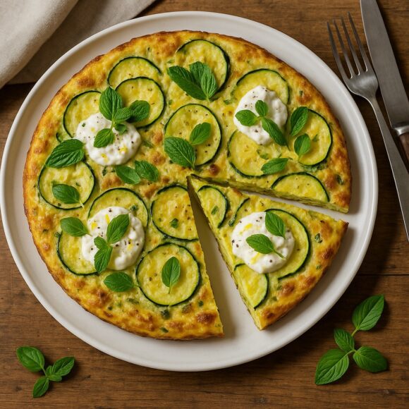 Golden zucchini and mint frittata with lemon ricotta, sliced on a rustic ceramic plate, surrounded by fresh mint leaves and a wooden table.