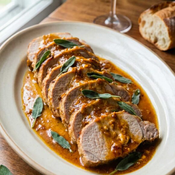 Sliced Arrosto di Maiale al Latte on a platter topped with golden milk curds.