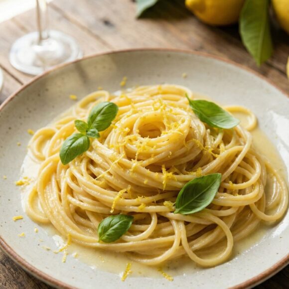 A close-up plate of creamy Pasta al Limone della Costiera garnished with fresh lemon zest and basil.