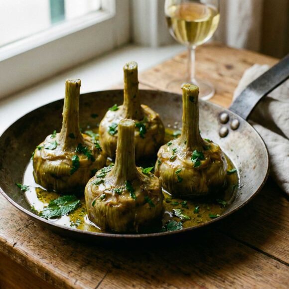 Four braised Carciofi alla Romana sitting in a rustic pan with fresh mint and lemon.