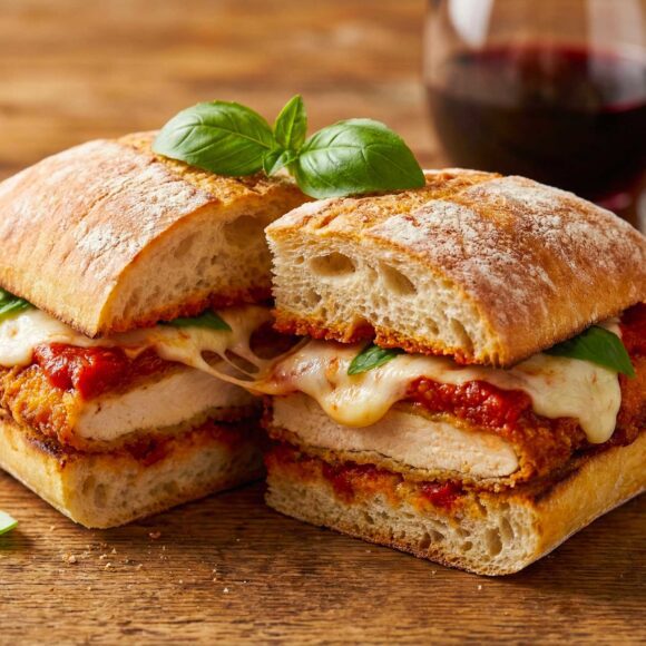 The Ultimate Chicken Parm Sandwich Recipe A close-up of a crispy Chicken Parm Sandwich with melted mozzarella and marinara sauce on a toasted hoagie roll.