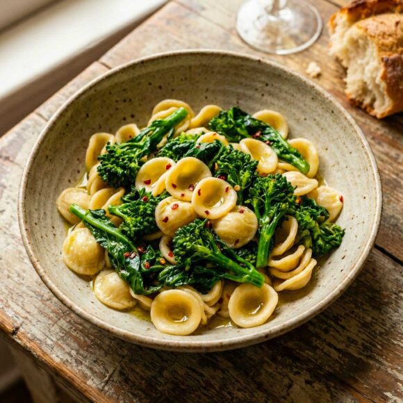 Bowl of Orecchiette con le Cime di Rapa with toasted breadcrumbs