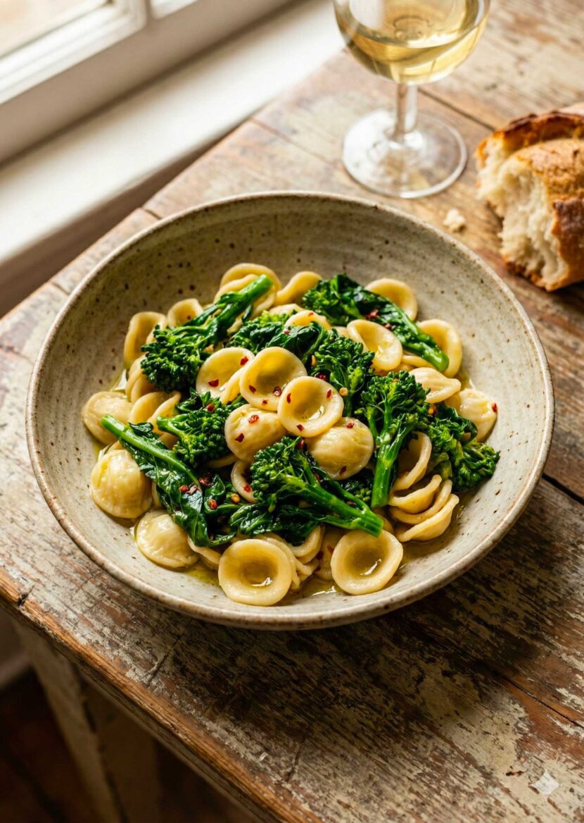 Bowl of Orecchiette con le Cime di Rapa with toasted breadcrumbs