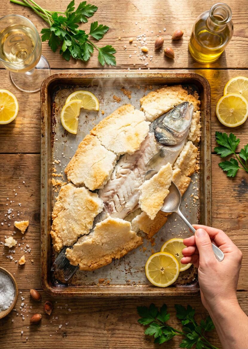 Whole Branzino al Sale being cracked open with a spoon to reveal tender white fish.