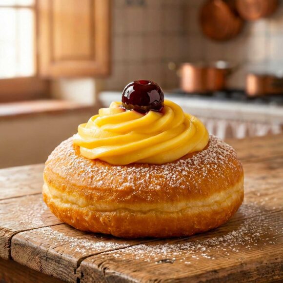 Golden fried Zeppole di San Giuseppe topped with pastry cream and an Amarena cherry.