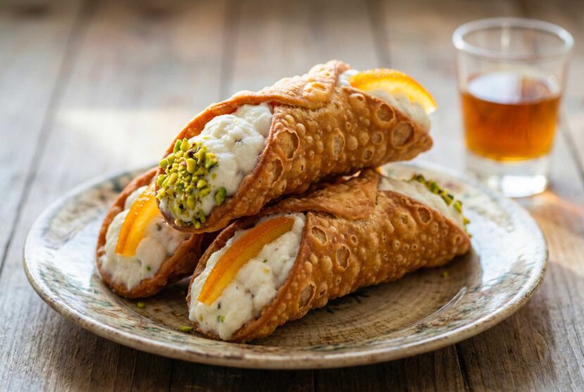 A platter of authentic Cannoli Siciliani garnished with pistachios and powdered sugar on a rustic table.