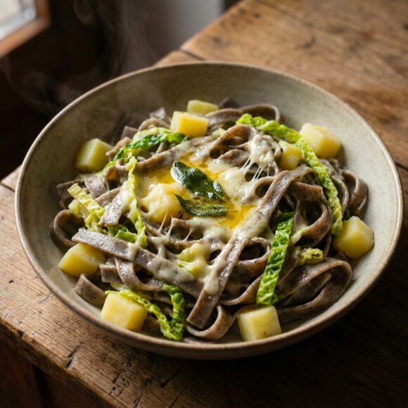 Bowl of Pizzoccheri della Valtellina pasta with potatoes cabbage and melted cheese