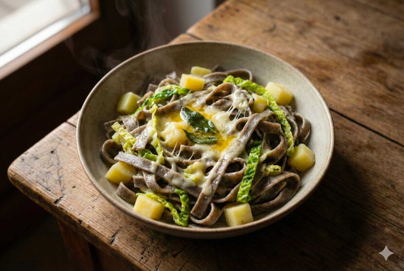 Pizzoccheri della Valtellina: Iconic Buckwheat Pasta Bowl of Pizzoccheri della Valtellina pasta with potatoes cabbage and melted cheese