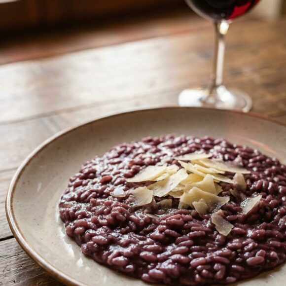 A white plate containing creamy purple Risotto al Barolo garnished with cheese.