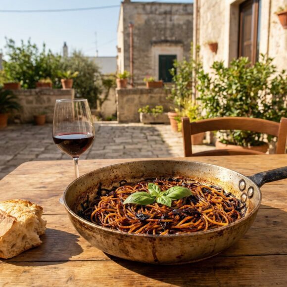 Spaghetti all’Assassina in a skillet with its signature red, crispy finish.