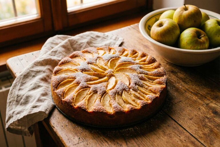 A close-up of a golden Torta di mele tradizionale italiana topped with sliced apples and powdered sugar.