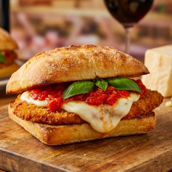 Pollo alla Parmigiana Sandwich: The Ultimate Chicken Parm Recipe A delicious Pollo alla Parmigiana Sandwich with melted mozzarella and tomato sauce on toasted bread.