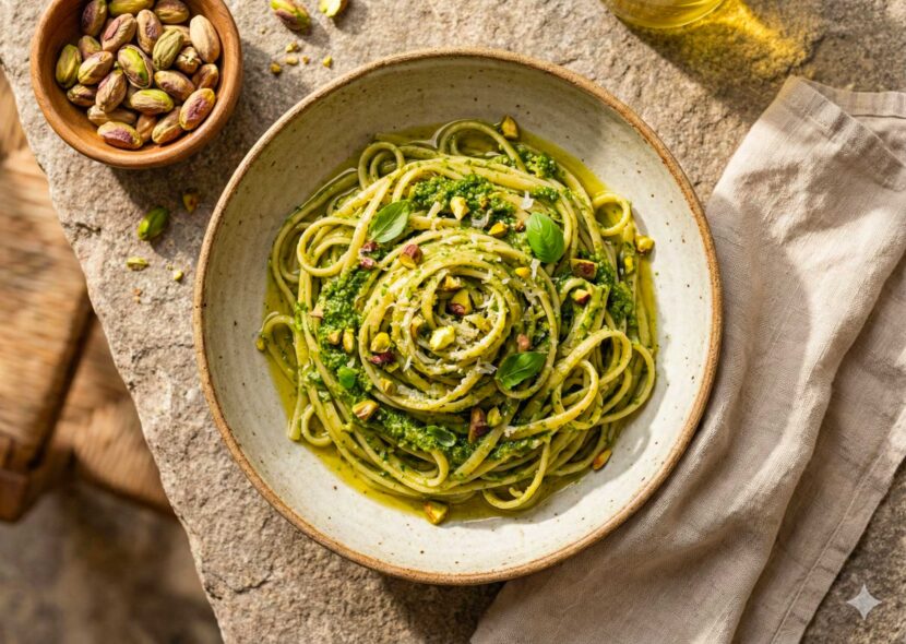 Pasta al Pesto di Pistacchio A plate of Pasta al Pesto di Pistacchio garnished with crushed nuts and basil.