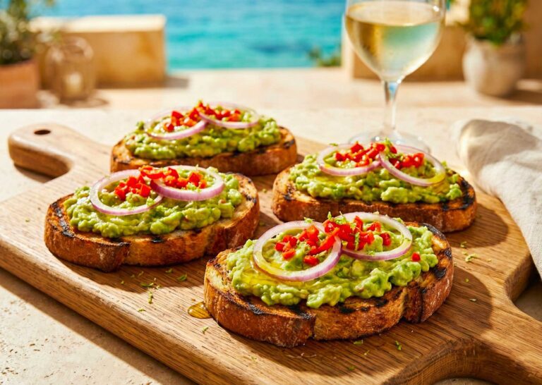 Bruschette Tropicali con Avocado, Lime e Peperoncino Scotch Bonnet on a wooden board.