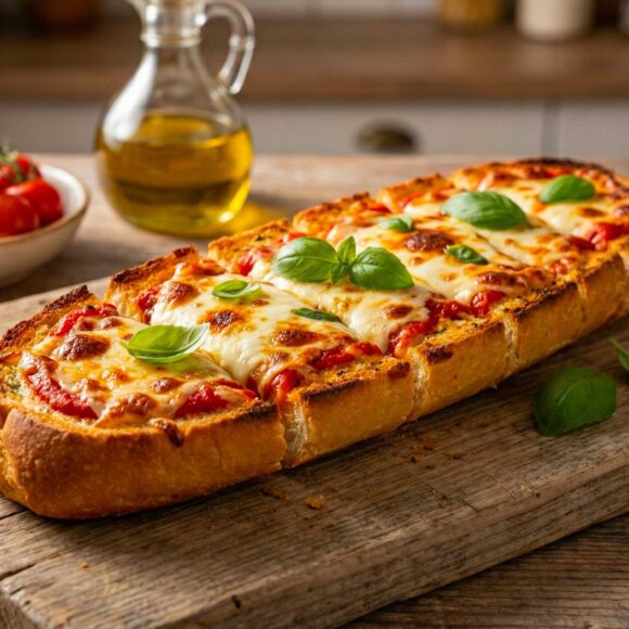 Garlic Bread alla Sorrentina A close-up of Garlic Bread alla Sorrentina with melted mozzarella, red tomato sauce, and fresh basil.