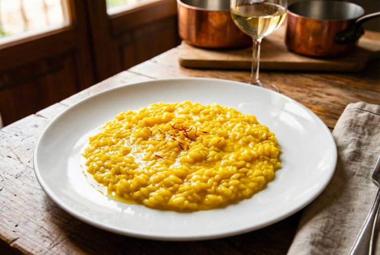 A golden plate of authentic Risotto alla Milanese served on a flat white dish.