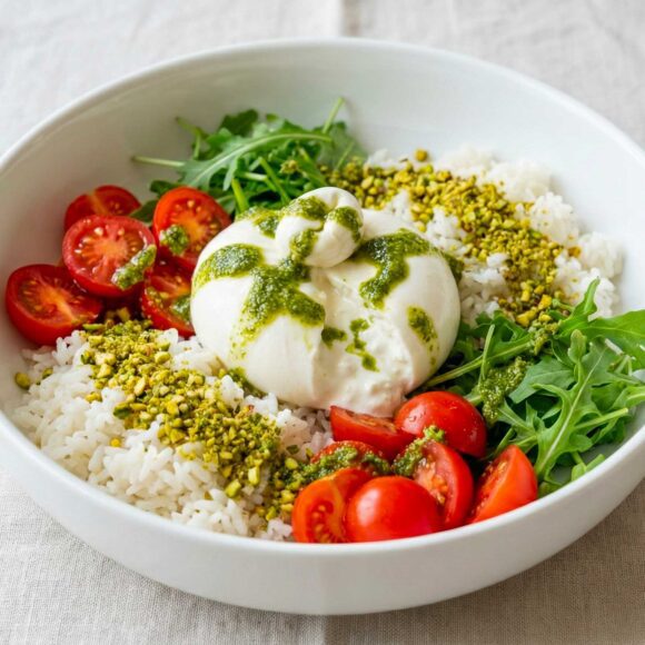 Poke “Italiano” con Burrata e Pesto: A Fresh Mediterranean Bowl A colorful Poke “Italiano” con Burrata e Pesto bowl with creamy cheese, green pesto, and red tomatoes.