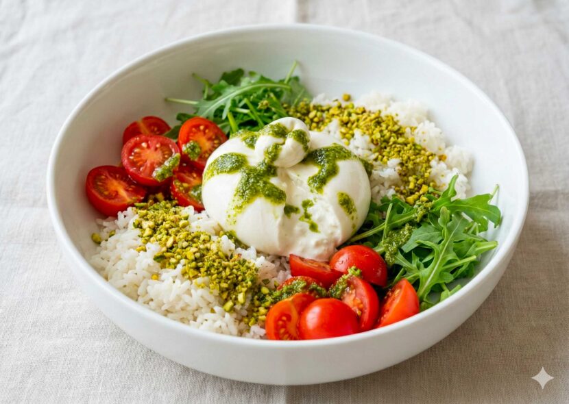 Poke “Italiano” con Burrata e Pesto: A Fresh Mediterranean Bowl A colorful Poke “Italiano” con Burrata e Pesto bowl with creamy cheese, green pesto, and red tomatoes.