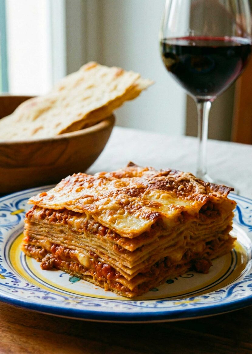 A portion of Pane Carasau Lasagnato served on a rustic plate, showing clearly defined layers of flatbread and meat sauce.
