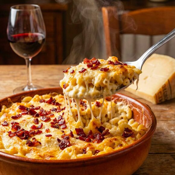 Italian Mac & Cheese (con provolone e speck) A ceramic casserole dish filled with baked Italian Mac & Cheese with a golden Parmigiano crust and crispy speck bits.