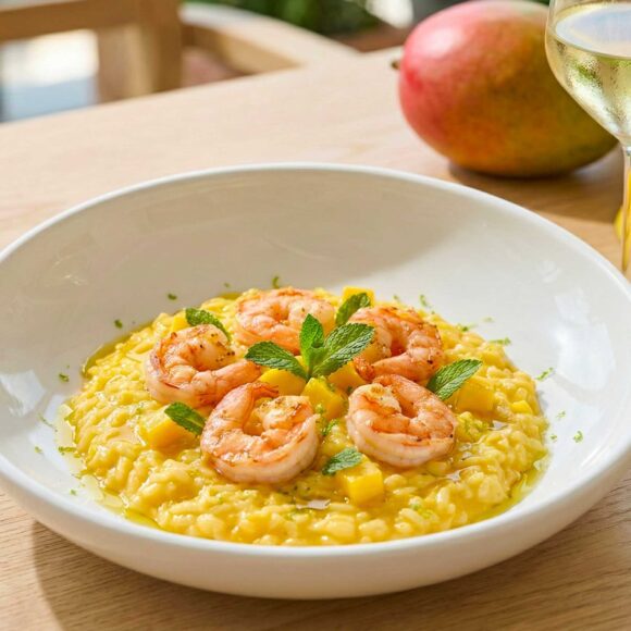 Risotto Mango e Lime con Gamberi A top-down view of a creamy Risotto Mango e Lime con Gamberi in a white bowl, topped with seared shrimp and lime zest.