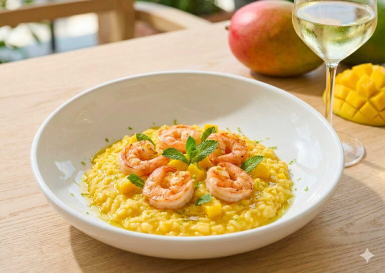 A top-down view of a creamy Risotto Mango e Lime con Gamberi in a white bowl, topped with seared shrimp and lime zest.