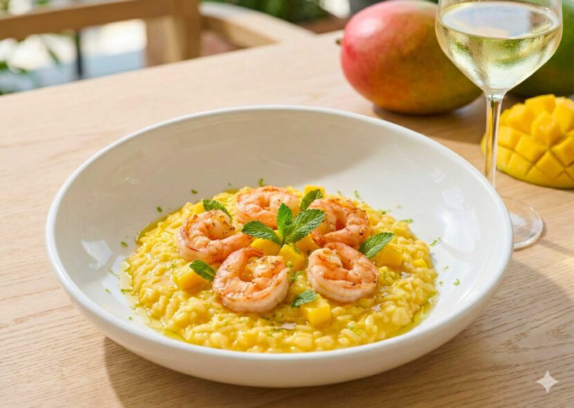 A top-down view of a creamy Risotto Mango e Lime con Gamberi in a white bowl, topped with seared shrimp and lime zest.