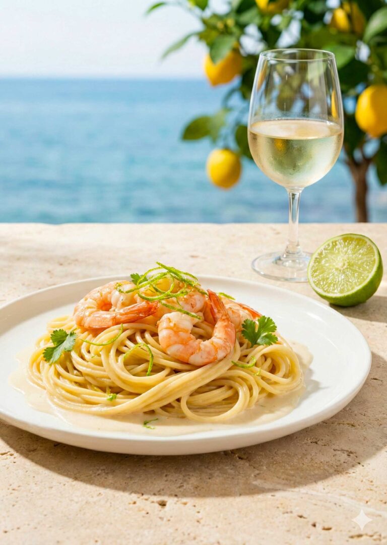 A plate of Spaghetti al Lime, Coconut Milk e Gamberi with creamy sauce and fresh shrimp.