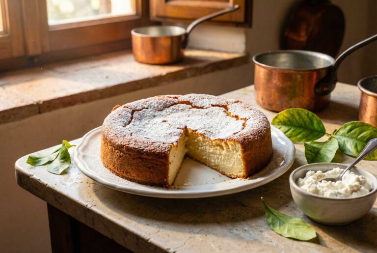 A rustic Dolce alla ricotta dusted with powdered sugar on a wooden serving board.