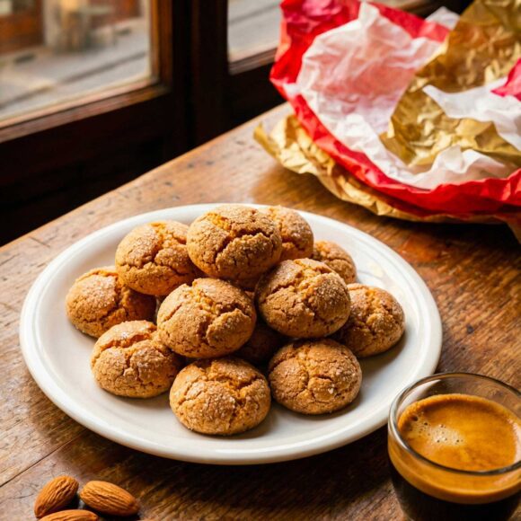 A pile of crunchy Amaretti di Saronno vera ricetta on a vintage plate next to a cup of espresso.
