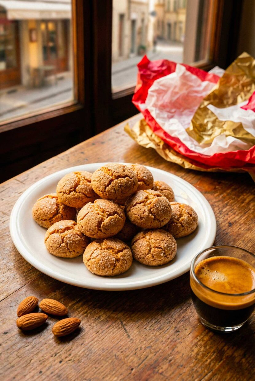 A pile of crunchy Amaretti di Saronno vera ricetta on a vintage plate next to a cup of espresso.