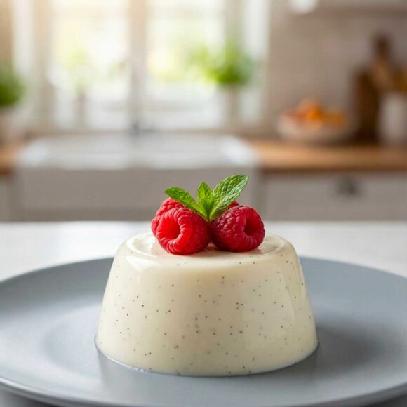 A perfectly unmolded Panna cotta classica on a white plate, garnished with a single mint leaf and three raspberries.