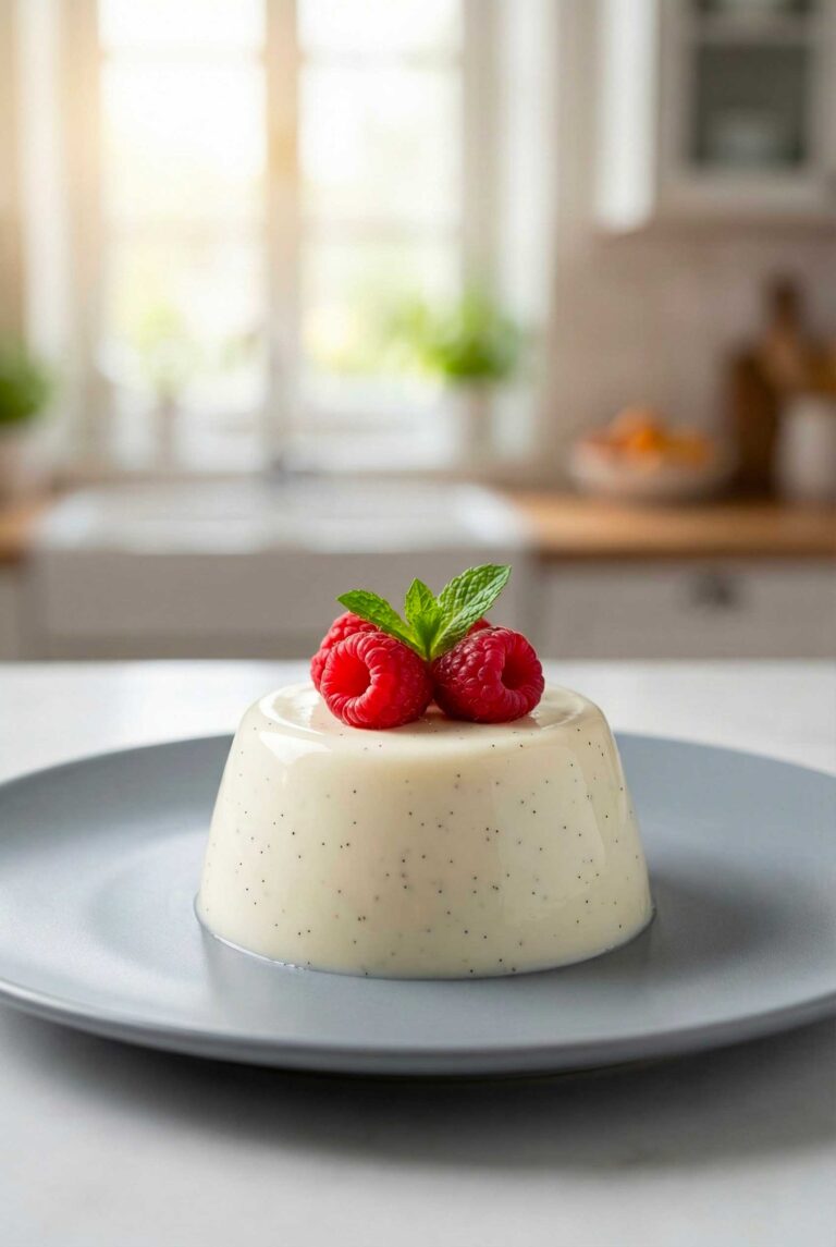 A perfectly unmolded Panna cotta classica on a white plate, garnished with a single mint leaf and three raspberries.