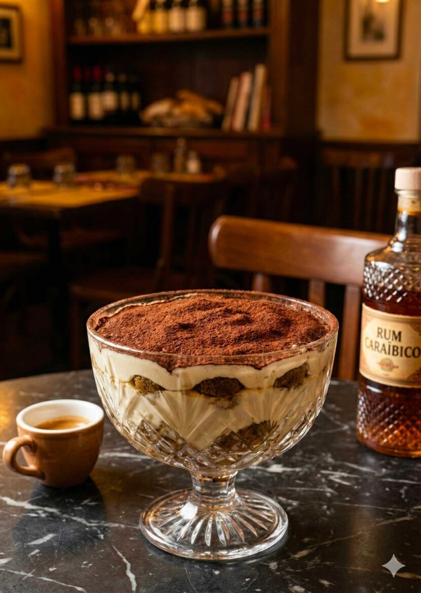 Tiramisu al Rum Caraibico Tiramisu al Rum Caraibico served in an elegant glass bowl with cocoa dusting.