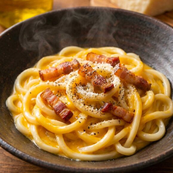 Udon alla Carbonara A close-up shot of Udon alla Carbonara with crispy guanciale and black pepper.