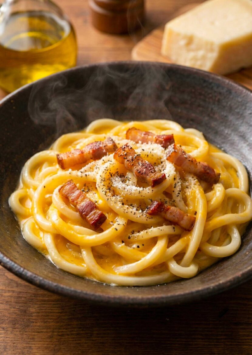 A close-up shot of Udon alla Carbonara with crispy guanciale and black pepper.