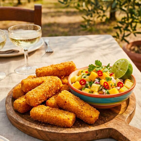 Crocchette di Polenta con Salsa Tropicale piccante A platter of golden fried Crocchette di Polenta con Salsa Tropicale piccante in a dipping bowl beside them.
