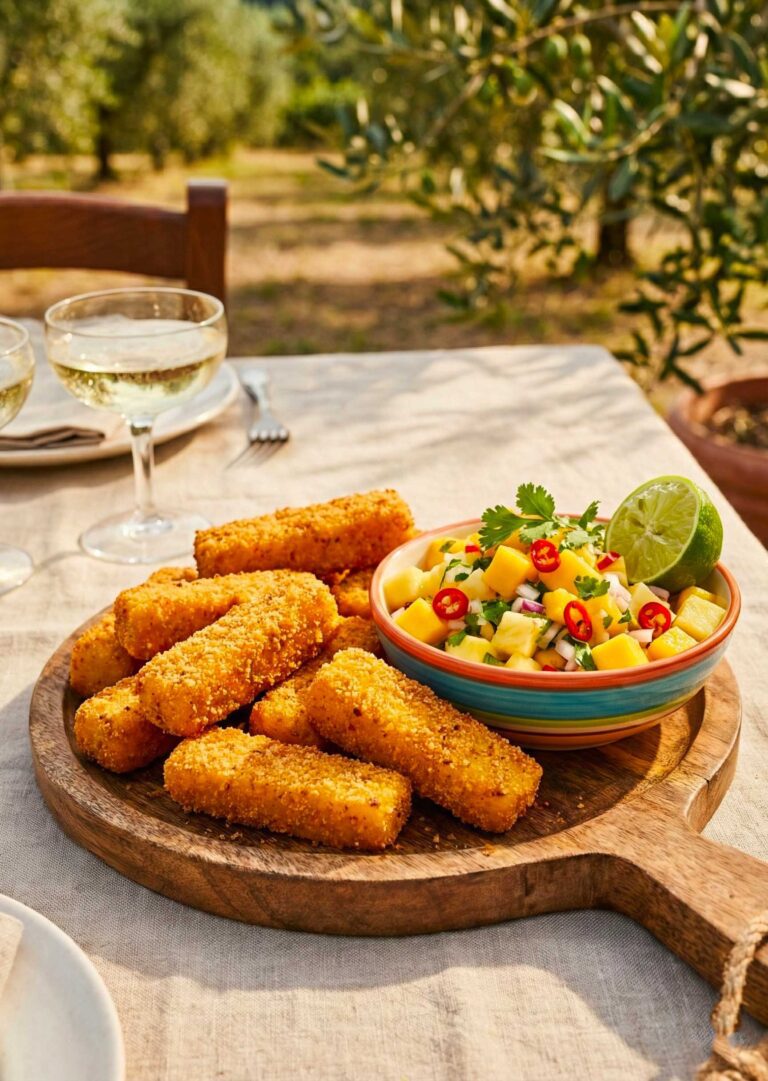 A platter of golden fried Crocchette di Polenta con Salsa Tropicale piccante in a dipping bowl beside them.