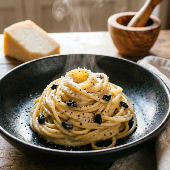 Spaghetti Cacio e Pepe with Black Garlic A plate of creamy Spaghetti Cacio e Pepe with Black Garlic flecks and toasted pepper.